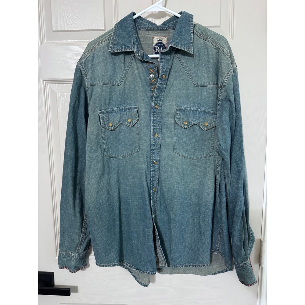 R&G London New York Robert Graham Shirt XL Denim Western Pearl Snap Whipstitch